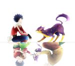  black_hair brother_and_sister different_reflection fingerless_gloves gloves hue&#039;s_sister hue_(pokemon) indian_style kazu_sanbon liepard pokemon purrloin reflection siblings sitting spiky_hair 