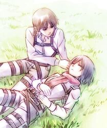  couple eren_jaeger mikasa_ackerman piroaki scarf shingeki_no_kyojin short_hair 