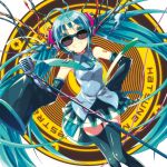  1girl aqua_eyes aqua_hair detached_sleeves grin hatsune_miku headset kano_hito long_hair microphone microphone_stand necktie skirt sleeves_past_wrists smile solo sunglasses thighhighs twintails very_long_hair vocaloid 