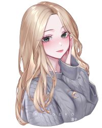  1girl absurdres artist_name blonde_hair breasts closed_mouth commission cropped_torso green_eyes grey_sweater hand_on_own_face highres long_hair long_sleeves looking_at_viewer medium_breasts original ribbed_sweater ringeko-chan simple_background smile solo sweater white_background 