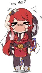  >_< 1girl chibi commission crying elbow_gloves fingerless_gloves gloves highres military military_uniform necktie original redhead second-party_source sesield sharyn_rose single_elbow_glove single_fingerless_glove sword tagme weapon 