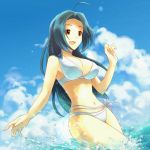  1girl ahoge bikini blue_hair bokkotebukuro breasts cleavage clouds idolmaster long_hair miura_azusa ocean open_mouth sky swimsuit water 