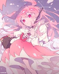  1girl :3 bag bright_pupils brown_bag cherry_blossom_cookie closed_mouth colored_eyelashes commentary_request cookie_run double-parted_bangs double_bun feet_out_of_frame frilled_sleeves frills from_below hair_between_eyes hair_bun handbag highres holding holding_umbrella humanization illustluce juliet_sleeves long_hair long_sleeves looking_at_viewer pink_hair pink_petals pink_skirt pink_umbrella puffy_sleeves red_eyes shirt skirt solo sparkle twitter_username umbrella white_eyelashes white_pupils white_shirt 