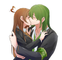  1boy 1girl ahoge armband black_jacket blazer blush brown_hair closed_eyes dress_shirt eyebrow_cut formal_clothes from_side green_hair green_necktie heart heart_ahoge hetero hod_(project_moon) jacket kiss lapels lobotomy_corporation long_hair necktie netzach_(project_moon) open_collar ori_oriio project_moon shirt simple_background straight_hair suit_jacket upper_body white_background white_shirt 
