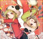  ayatoki-1 blonde_hair blue_eyes china_dress chinese_clothes green_hair gumi hair_ornament hairclip highres kagamine_rin looking_at_viewer multiple_girls open_mouth panda_hat red_eyes short_hair smile upside-down vocaloid yie_ar_fan_club_(vocaloid) 