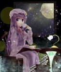  1girl book crescent cup hands hat highres lamp long_hair moon night patchouli_knowledge purple_hair solo sparkle teacup touhou violet_eyes window witch_hat 