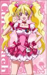  1girl blonde_hair bow brooch character_name choker corset cure_peach earrings fresh_precure! hair_ornament hairpin hand_on_hip hanzou4 heart_hair_ornament jewelry long_hair magical_girl momozono_love pink_background pink_eyes precure ribbon skirt smile solo twintails wrist_cuffs 