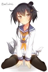  1girl anchor_necklace black_hair blue_sailor_collar blush brown_eyes dress full_body hair_between_eyes highres jewelry kantai_collection long_sleeves looking_at_viewer lowleg lowleg_pantyhose metindone neckerchief necklace one-hour_drawing_challenge pantyhose sailor_collar sailor_dress short_hair short_hair_with_long_locks sitting smile smokestack_hair_ornament solo tail tail_wagging tied_dress tokitsukaze_(kancolle) twitter_username wariza yellow_neckerchief 