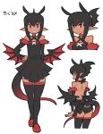  1girl antenna_hair ass backless_outfit bare_shoulders black_legwear character_request character_sheet choker dark_skin demon_girl demon_wings detached_sleeves flat_chest flat_color grin hand_on_hip highres matsuda_yuusuke mini_wings original pleated_skirt pointy_ears red_eyes skirt slippers smile solo tail thigh-highs wings 