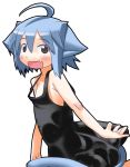  1girl ahoge androgynous animal_ears bare_shoulders black_dress blue_hair blush brown_eyes cat_ears cat_tail dress fang flat_chest looking_at_viewer matsuda_yuusuke open_mouth original short_hair smile solo tail 
