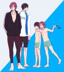  4boys arm_around_shoulder barefoot black_hair blue_eyes child dual_persona free! goggles male matsuoka_rin multiple_boys nanase_haruka_(free!) open_mouth red_eyes redhead smile swim_trunks young 
