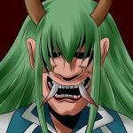  1girl be_(o-hoho) character_request green_hair horns long_hair oni_mask open_mouth solo touhou 