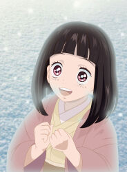 1girl bangs bob_cut cute cyber_(artist) female fringe happy kamado_hanako kimetsu_no_yaiba kimono moe pink_clothes pixiv snow