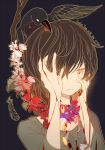 1girl bird black_hair blood coin crow dhiea english feathers flower hair_over_one_eye hands_on_own_face looking_at_viewer mouth_hold original outline short_hair tagme yellow_eyes 