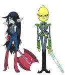  1boy 1girl adventure_time axe bass_guitar black_hair character_request collar crying crying_with_eyes_open earrings food fruit gashi-gashi hair_over_eyes instrument jewelry lemon lemon_grab long_hair long_legs marceline pointy_ears red_eyes sword tears weapon 