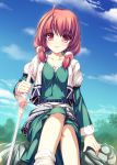  1girl :3 ahoge brown_hair character_request clouds hair_ornament low_twintails sky solo sword tenmaso tree twintails weapon 
