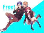  1girl blazer blonde_hair blue_legwear cardigan free! kama_(satoyan) kneehighs matsuoka_gou multiple_boys ponytail red_eyes redhead ribbon ryuugazaki_rei school_uniform short_hair sitting skirt smile tachibana_makoto 