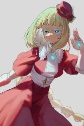  1girl absurdres blonde_hair blue_eyes doll_joints dress grey_background hand_up hat highres joints long_braid long_hair mahou_shoujo_ni_akogarete makotogab mini_hat mini_top_hat red_dress roboko_(mahou_shoujo_ni_akogarete) simple_background solo top_hat 