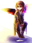  artist_request black_hair boots coat glasses jewelry multicolored_hair nail_polish necklace redhead sitting sleeves_past_wrists solo stool two-tone_hair wings 