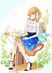  1girl blonde_hair blouse book drill_hair glasses glasses_removed green_eyes hat high_heels jacket jewelry necklace orangina original sake_(shirosalmon) shoes skirt smile solo table vines 