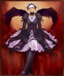  1boy cosplay dark_skin dress gothic_lolita grey_eyes hairband highres lolita_fashion rozen_maiden silver_hair solo suigintou suigintou_(cosplay) washizu0808 white_hair wings 