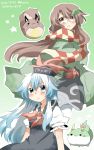  2girls animal_ears blue_eyes blue_hair blush brown_eyes brown_hair ex-keine futatsuiwa_mamizou futatsuiwa_mamizou_(human) glasses hat highres horns kamishirasawa_keine leaf long_hair multiple_girls open_mouth raccoon_ears raccoon_tail rebecca_(keinelove) ribbon scarf sukusuku_hakutaku tail touhou 