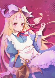  1girl absurdres apron baby_bottle blonde_hair blue_dress blush bottle breasts closed_mouth commentary dress forehead_tattoo hair_ribbon highres holding holding_bottle large_ribbon long_hair looking_at_viewer mahou_shoujo_ni_akogarete morino_korisu nero_alice pink_background pink_eyes ribbon simple_background small_breasts smile solo thick_eyelashes upper_body very_long_hair white_apron white_ribbon white_wrist_cuffs wrist_cuffs yuiminon3 