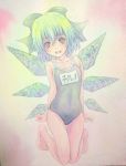  1girl acrylic_paint_(medium) blue_eyes blue_hair bow cirno graphite_(medium) hair_bow highres ice ice_wings name_tag open_mouth school_swimsuit short_hair smile solo swimsuit touhou traditional_media watercolor_(medium) wings yuyu_(00365676) 