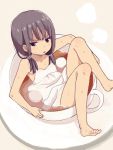  1girl barefoot black_eyes black_hair cup dress hair_ribbon in_container looking_at_viewer mattaku_mousuke open_mouth original ribbon saucer short_hair sitting solo tea teacup twintails wet wet_clothes 