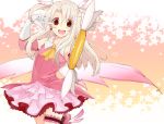  1girl dress elbow_gloves fate/kaleid_liner_prisma_illya fate_(series) gloves illyasviel_von_einzbern long_hair magical_girl prisma_illya red_eyes solo thigh-highs tousei two_side_up wand white_hair 