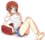  1girl arm_support bare_legs bare_shoulders barefoot blue_eyes brown_hair eating glasses hot itamochi kousaka_yukiho leaning_back love_live!_school_idol_project navel off_shoulder pillow popsicle redhead shadow short_hair short_sleeves shorts simple_background sitting solo sweat white_background 