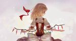  1girl alternate_hairstyle back blonde_hair dress flandre_scarlet highres light_particles looking_at_viewer looking_back no_hat outstretched_arms puffy_sleeves red_dress red_eyes ribbon sash shirt short_sleeves solo touhou turning tuzki wings 