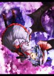  1girl ascot bat_wings black_gloves blue_hair capelet clouds cloudy_sky elbow_gloves flying gloves hands_on_own_chest hat hat_ribbon hatsuka_(exsilver) letterboxed open_mouth red_eyes red_shoes remilia_scarlet ribbon sash shirt shoes skirt skirt_set sky smile solo star_(sky) touhou upside-down wings 