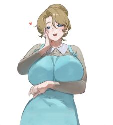 1girl apron aqua_apron blue_eyes blush breasts brown_hair brown_shirt eyebrows eyelashes hair_bun head_tilt huge_breasts looking_at_viewer mature_female non-web_source original shirt smile solo 
