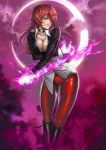  1girl aura black_boots boots breasts choker cleavage clouds crescent_moon dantewontdie female genderswap king_of_fighters long_hair midnight_bliss moon parted_lips red_eyes redhead smile solo yagami_iori 