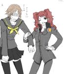  1boy 1girl atlus brown_hair crossdressinging drawr earrings gakuran hanamura_yousuke hanamura_yousuke_(cosplay) hand_on_hip headphones headphones_around_neck jewelry kujikawa_rise kujikawa_rise_(cosplay) megami_tensei open_mouth persona persona_4 redhead school_uniform serafuku skirt skirt_tug smile thigh-highs translated trap twintails 