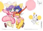 2girls arm_up belt bloomers blue_hair bodysuit bow character_name copyright_name creature crossover dress eiko_carol final_fantasy final_fantasy_ix gloves grandia grandia_i green_eyes hair_bow holding_hands horn jumping mog moogle multiple_girls overalls pink_dress pom_pom_(clothes) pom_poms purple_hair shawl shiitake_urimo shoes short_hair skirt smile sue trait_connection underwear white_background wings 
