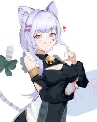  1girl :3 animal_ears bell black_dress black_sleeves breasts cat_ears cat_girl cleavage_cutout clothing_cutout detached_sleeves dress highres holographic_touchscreen jingle_bell malice<p>cheshire_cat medium_breasts nbee_ya purple_hair smile smug solo white_background yu-gi-oh! 
