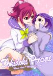  2girls aida_mana character_name copyright_name couple dokidoki!_precure eye_contact half_updo holding_hands kenzaki_makoto looking_at_another multiple_girls nakaya_106 pink_hair precure purple_hair school_uniform short_hair sparkle yuri 