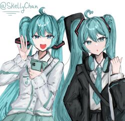  1girl 2girls blue_eyes blue_hair clone hatsune_miku headphones headphones_around_neck highres holding holding_phone multiple_girls phone skellychan twintails vocaloid waving 