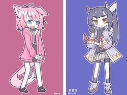  2girls akari_(raigou) animal_ears black_hair blue_eyes borrowed_character bow character_request elf fang fingerless_gloves gloves hair_bow highres keirono long_hair multiple_girls open_mouth original pink_hair pointy_ears ponytail sidelocks thick_eyebrows very_long_hair yellow_eyes 