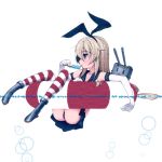  1girl :3 afloat ass bare_shoulders black_panties blonde_hair blue_eyes bubble elbow_gloves floating food gloves hair_ribbon ice_cream innertube kantai_collection landolt_tamaki long_hair panties personification popsicle rensouhou-chan ribbon sailor_collar shimakaze_(kantai_collection) sitting skirt solo striped striped_legwear thigh-highs tongue tongue_out underwear white_gloves 