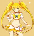  1girl blonde_hair cure_sunshine heart heartcatch_precure! long_hair midriff minatsuki_randoseru myoudouin_itsuki navel precure smile solo twintails yellow_eyes 