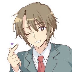  1boy ;) blazer collared_shirt commentary_request green_jacket grin hair_between_eyes heart highres jacket kita_high_school_uniform koizumi_itsuki long_sleeves male_focus necktie one_eye_closed red_necktie school_uniform shirt simple_background smile solo suzumiya_haruhi_no_yuuutsu taiki_(6240taiki) white_background white_shirt winter_uniform 