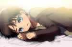  1boy black_hair blue_eyes blush eren_jaeger jacket kl looking_at_viewer lying on_side open_mouth shingeki_no_kyojin short_hair solo young 