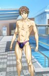  1boy abs brown_hair free! green_eyes male pool poolside short_hair swim_briefs swimsuit tachibana_makoto yawakon 