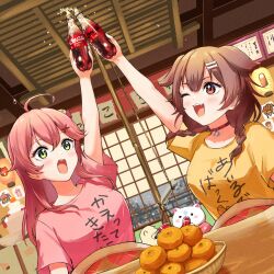  2girls 35p_(sakura_miko) :3 absurdres ahoge alternate_costume animal_ears arm_up blush bone_hair_ornament bottle braid breasts brown_eyes brown_hair clothes_writing coca-cola dog_ears dog_girl drink fangs green_eyes hair_between_eyes hair_ornament hairclip highres holding holding_bottle holding_drink hololive indoors inugami_korone large_breasts listener_(inugami_korone) long_hair medium_hair multiple_girls open_mouth pink_hair pink_shirt sakura_miko shirt short_sleeves smile soda_bottle twin_braids virtual_youtuber x_hair_ornament yellow_shirt yuu201023 