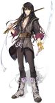  1boy belt black_eyes black_hair boots bracelet full_body highres jacket jewelry knee_boots long_hair male meer_rowe over_shoulder pants scabbard shadow sheath smile solo standing sword tales_of_(series) tales_of_vesperia weapon white_background yuri_lowell 