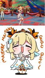  absurdres blonde_hair boots breasts closed_eyes dancing dress flower full_body game_screenshot_inset genshin_impact hair_flower hair_ornament highres lumine_(genshin_impact) maitake_dance medium_breasts meme multiple_persona open_mouth sesield shadow short_hair simple_background white_background white_dress white_footwear 