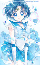  1girl 2021 bishoujo_senshi_sailor_moon bishoujo_senshi_sailor_moon_supers blue_bow blue_bowtie blue_choker blue_eyes blue_flower blue_gemstone blue_hair blue_rose blue_sailor_collar blue_skirt bow bowtie brooch character_name choker circlet collarbone cowboy_shot dated earrings elbow_gloves flower gem gloves grin happy_birthday heart heart_brooch highres jewelry looking_at_viewer miniskirt mizuno_ami pleated_skirt rose sailor_collar sailor_mercury sailor_senshi_uniform sarashina_kau see-through_clothes see-through_sleeves shirt short_hair short_sleeves signature skirt smile solo standing star_(symbol) star_choker super_sailor_mercury twitter_username watermark white_gloves white_shirt 